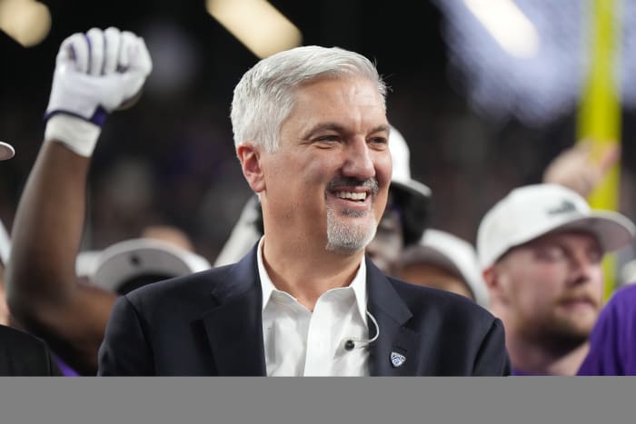Dec 1, 2023; Las Vegas, NV, USA; Pac-12 commissioner George Kliavkoff reacts during the Pac-12 Championship at Allegiant Stadium. Mandatory Credit: Kirby Lee-USA TODAY Sports